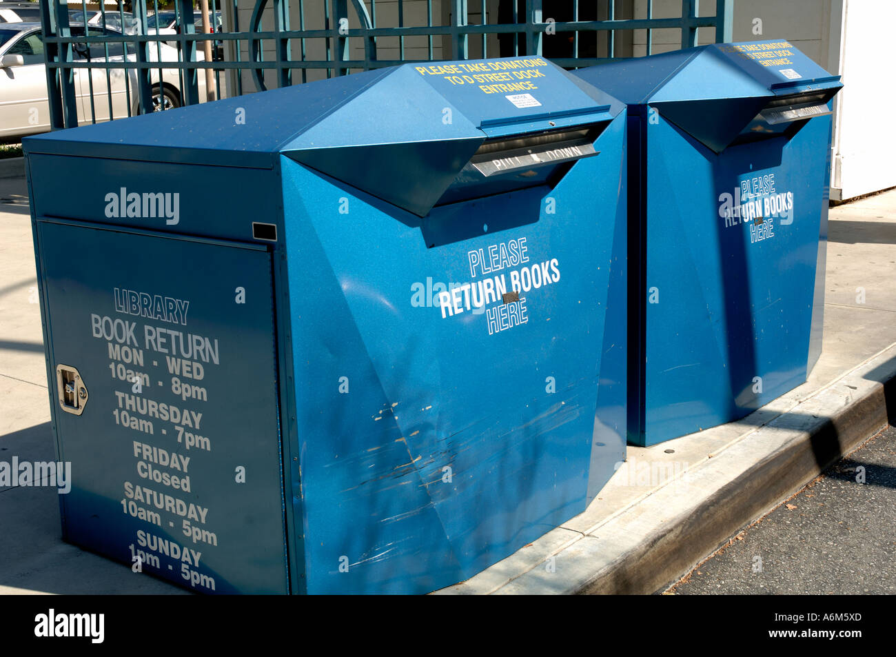 Public library return book boxes Drive thru Stock Photo Alamy