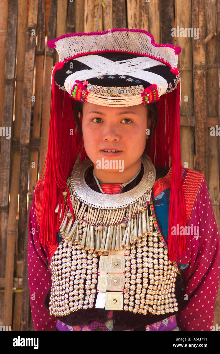 THAILAND HILL TRIBES, Lisu woman wearing wedding headdress near Mae Hong Son Stock Photo