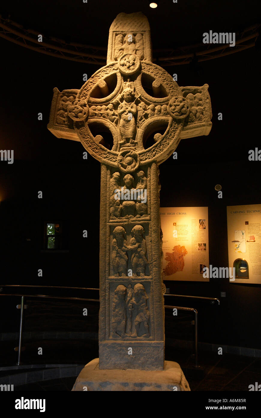 The east face of the original Cross of the Scriptures at Clonmacnoise Stock Photo