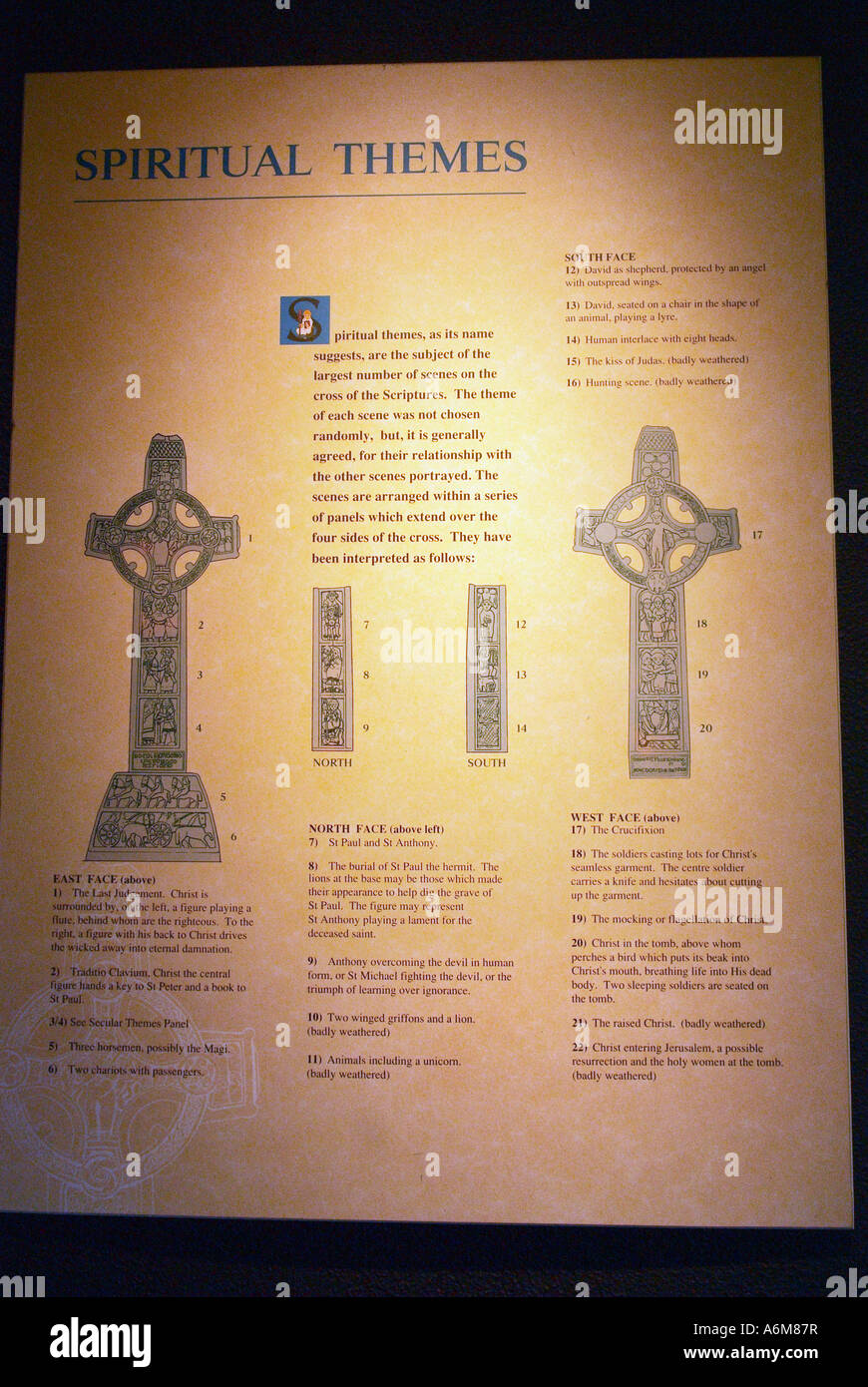 Informational sign about the Cross of the Scriptures in the visitor center at Clonmacnoise Stock Photo