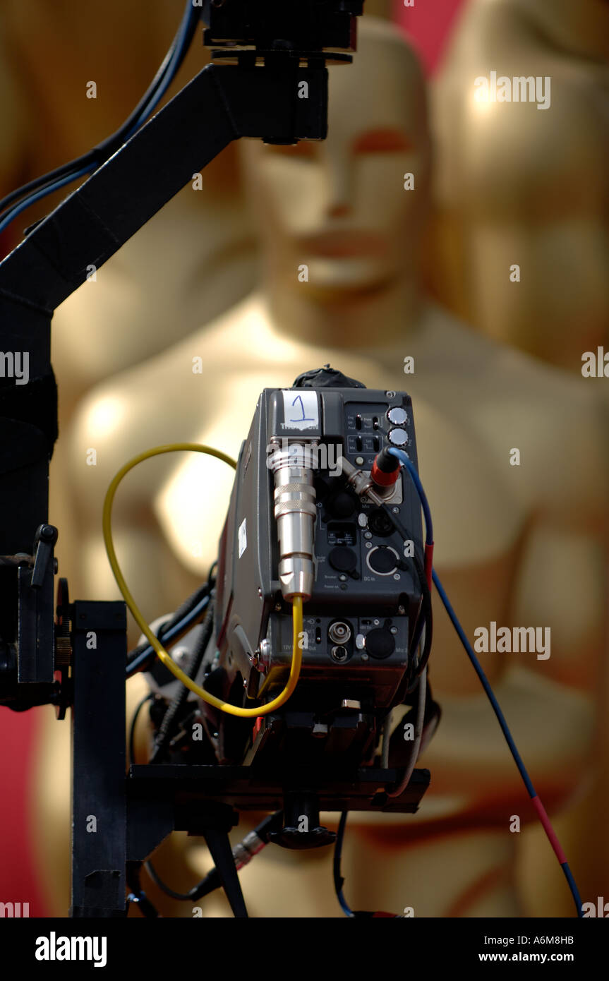 Telescopic camera crane system panning on Oscar statue at the entrance