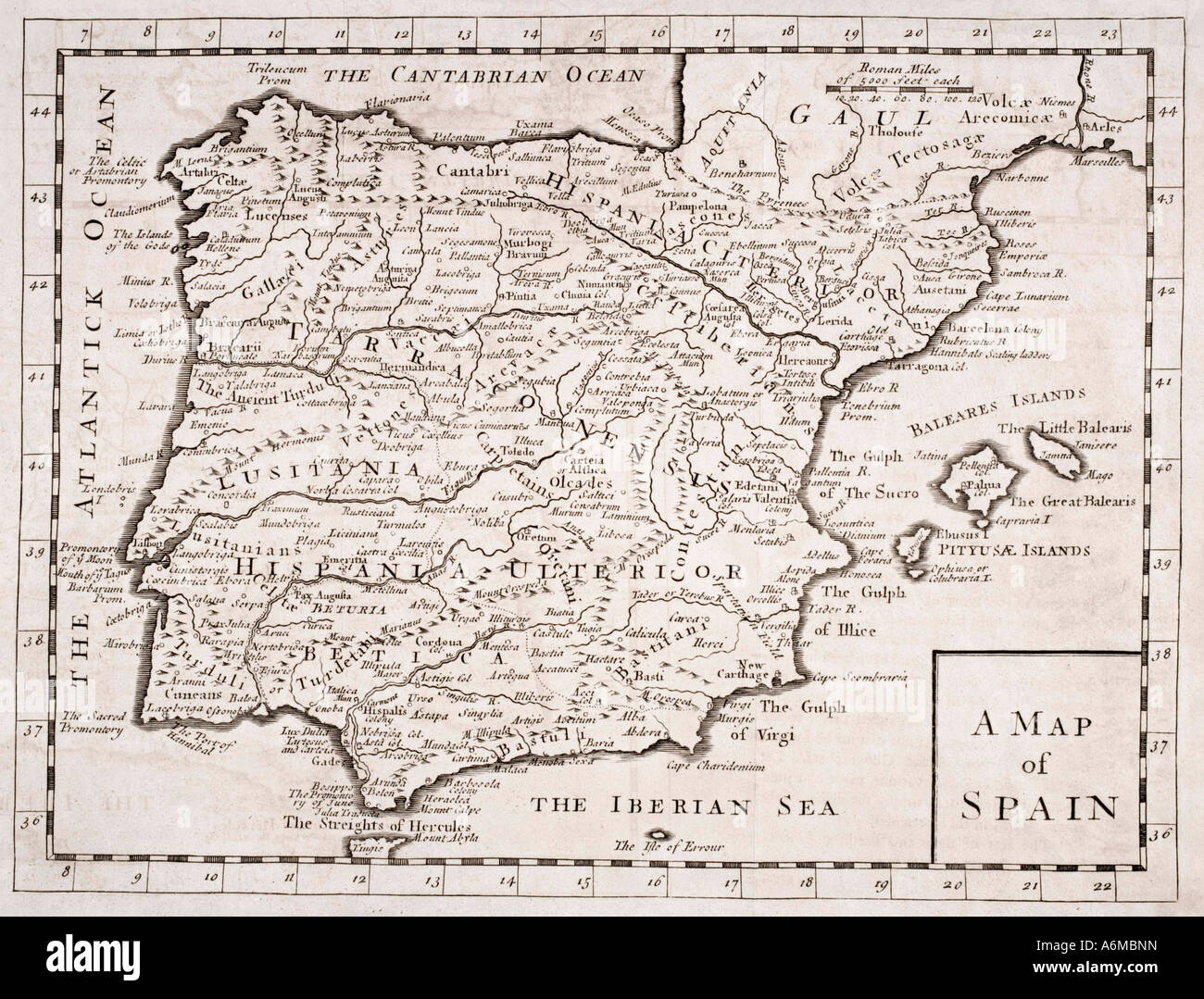 19th century map showing provinces and cities of Roman Spain Stock Photo