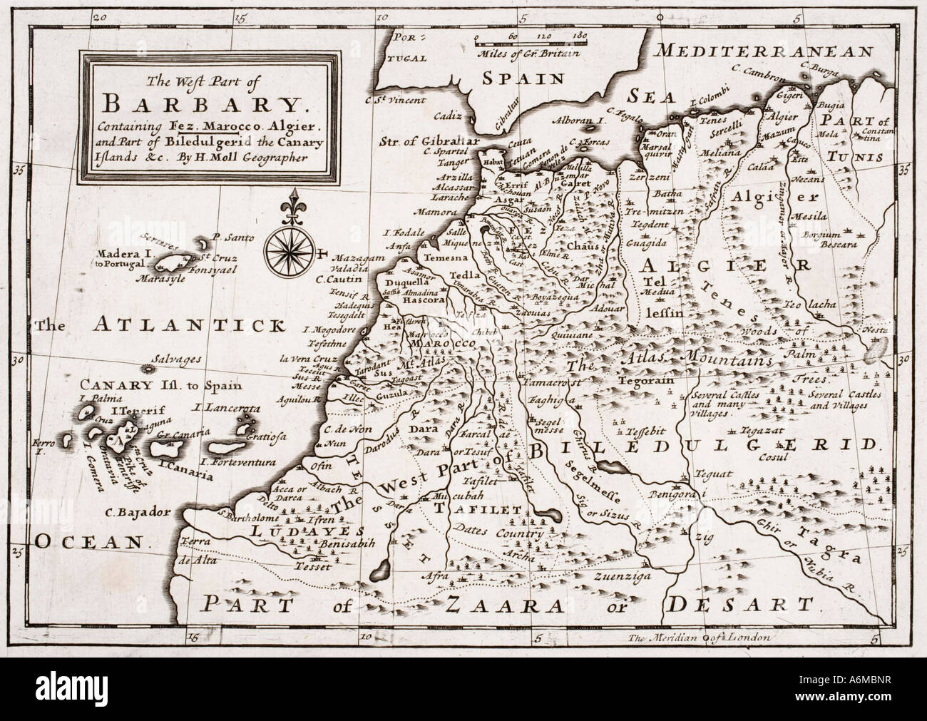 The West part of Barbary containing Fez, Marocco, Algier and part of Biledulgerid, the Canary Islands etc Stock Photo