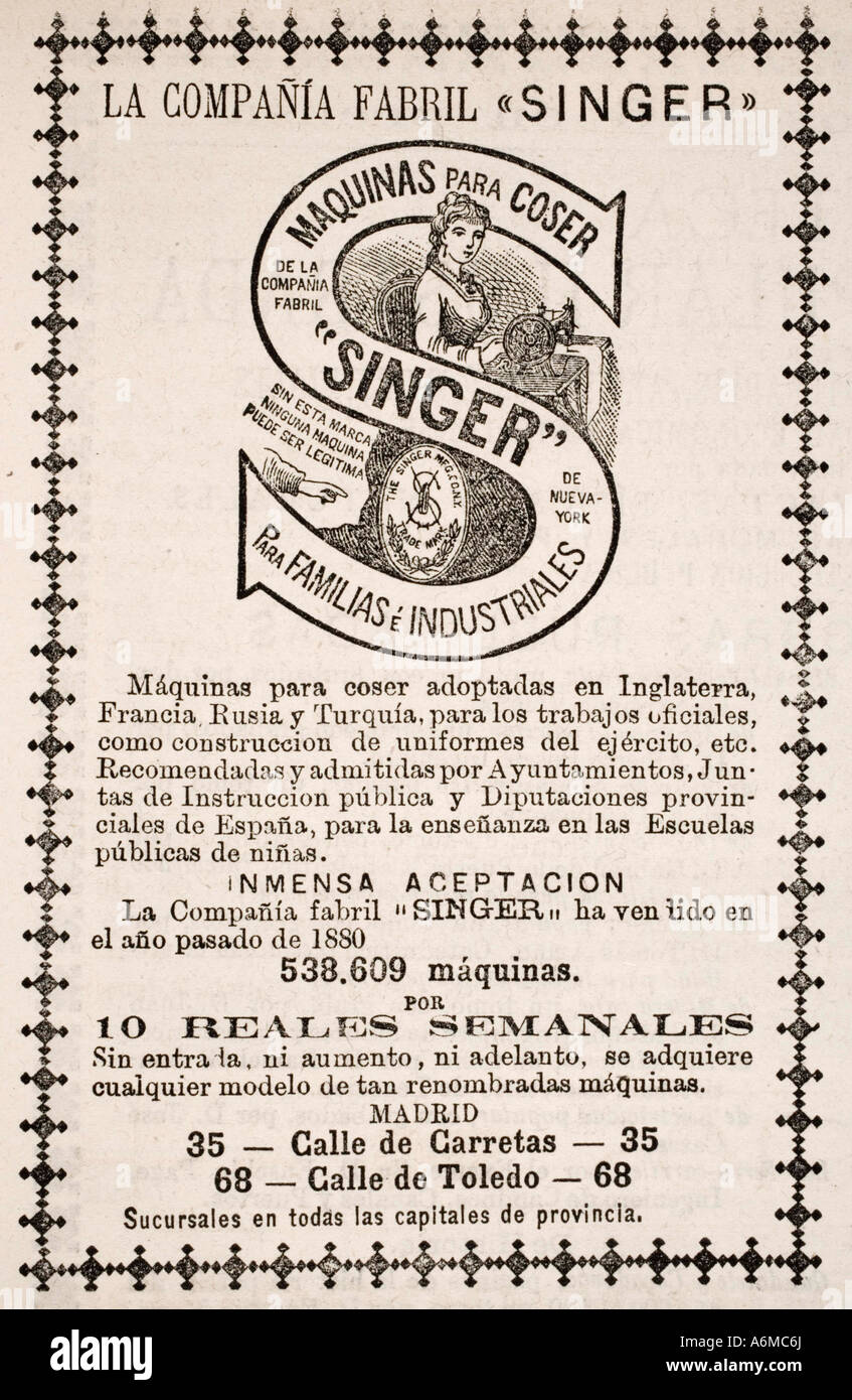 Advertisement for Singer sewing machines to be bought on credit system in 1880 in Spain Stock Photo
