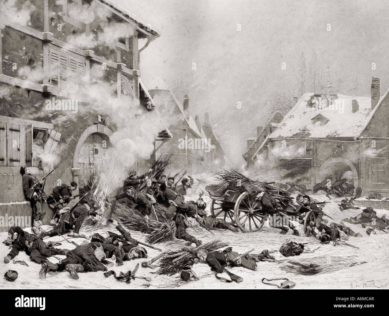 Attack with fire against a barricaded house. Incident in the French Prussian War of 1870 to 1871. Stock Photo