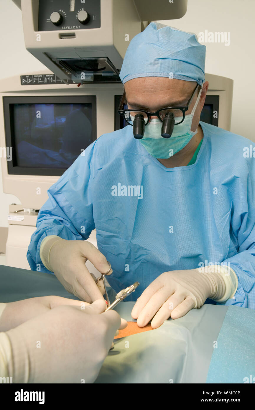Surgeon wearing surgical magnifying loupes during medical procedure