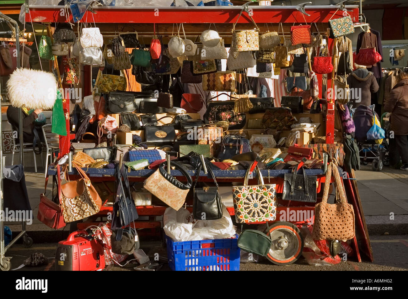 Handbag stall at Portobello market, Portobello Road, London, UK Stock