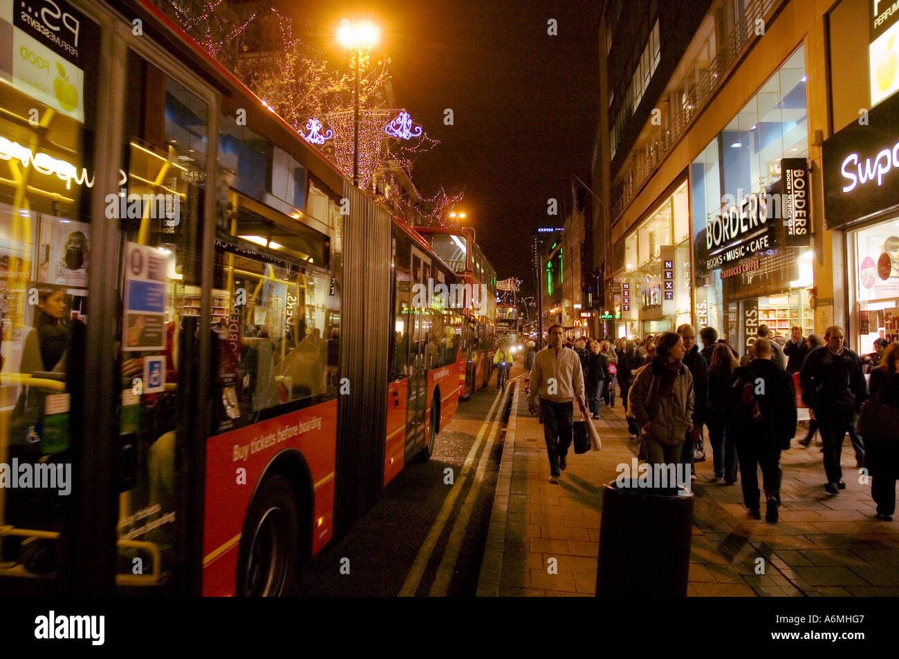 Christmas lights and Red buses, Oxford Street, London, UK Stock Photo