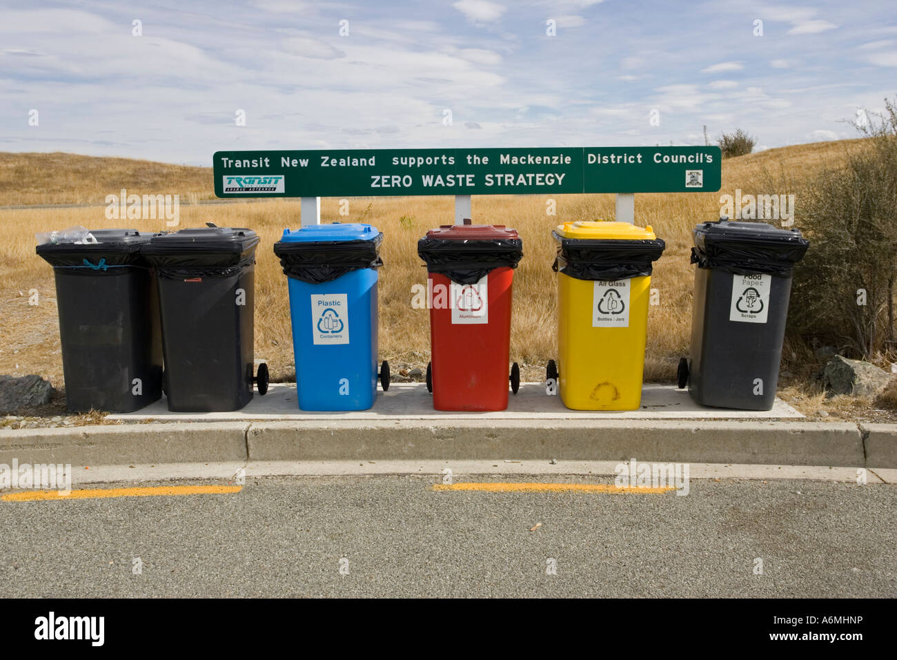 Colourful recycling bins at visitor centre near Lake Pukaki Mackenzie ...