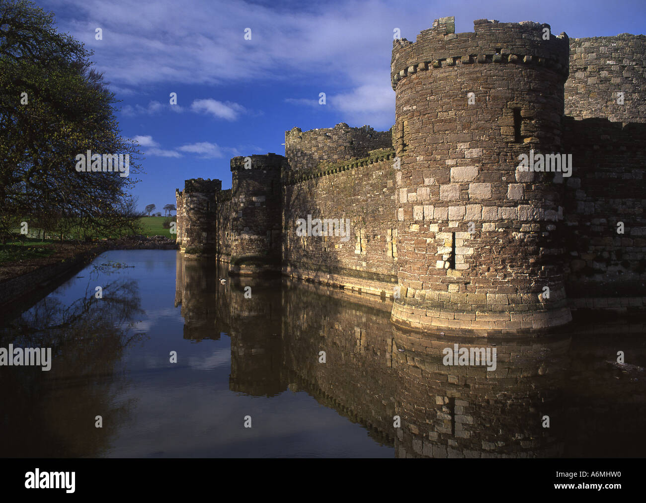 Beaumaris Castle Classic close up view reflected in moat UNESCO World