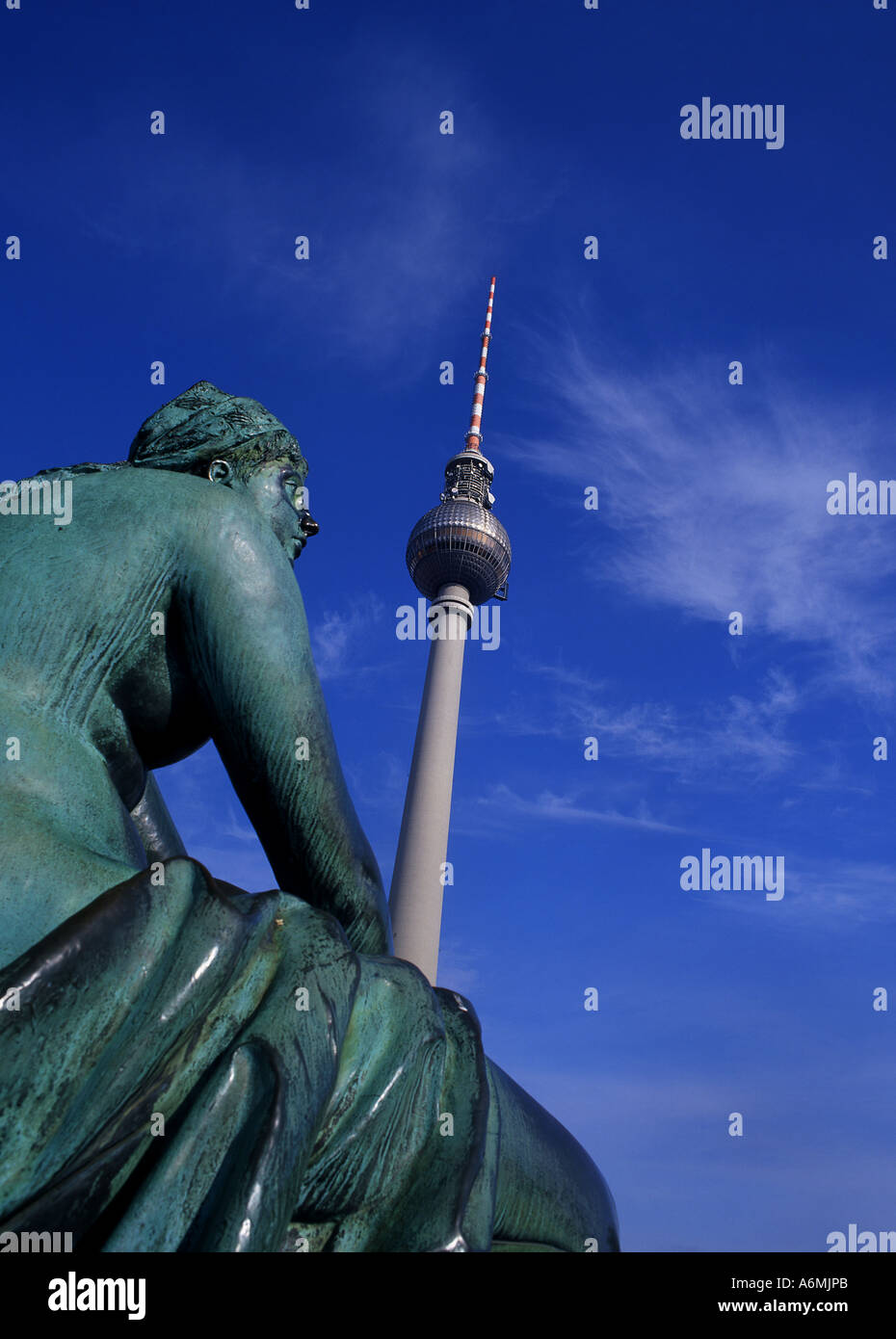 Berlin Fernsehturm (TV Tower) and statue Brandenburg Germany Stock Photo