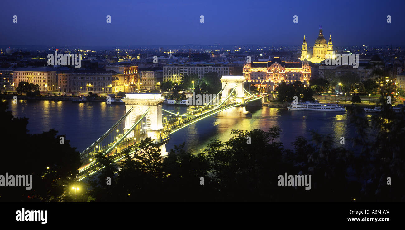 Night view of Chain Bridge, Danube and Pest from Buda, Budapest, Hungary Stock Photo