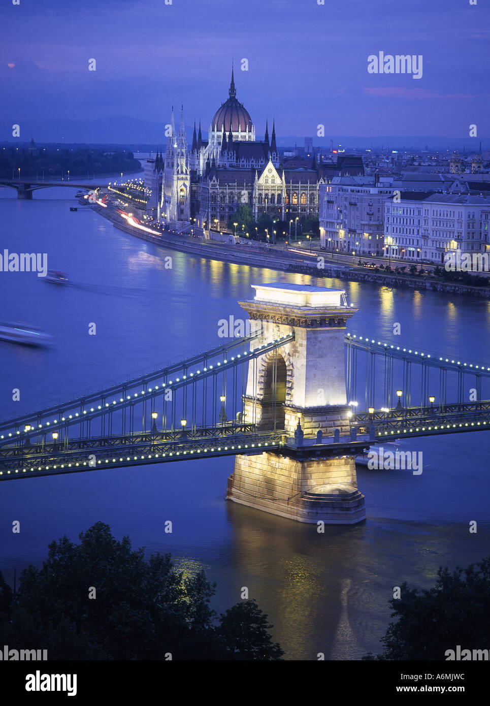 Szechenyi Chain Bridge and Parliament at night River Danube Budapest Hungary Stock Photo