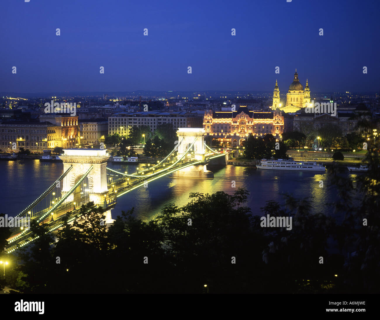 Night view of Chain Bridge, Danube and Pest from Buda, Budapest, Hungary Stock Photo