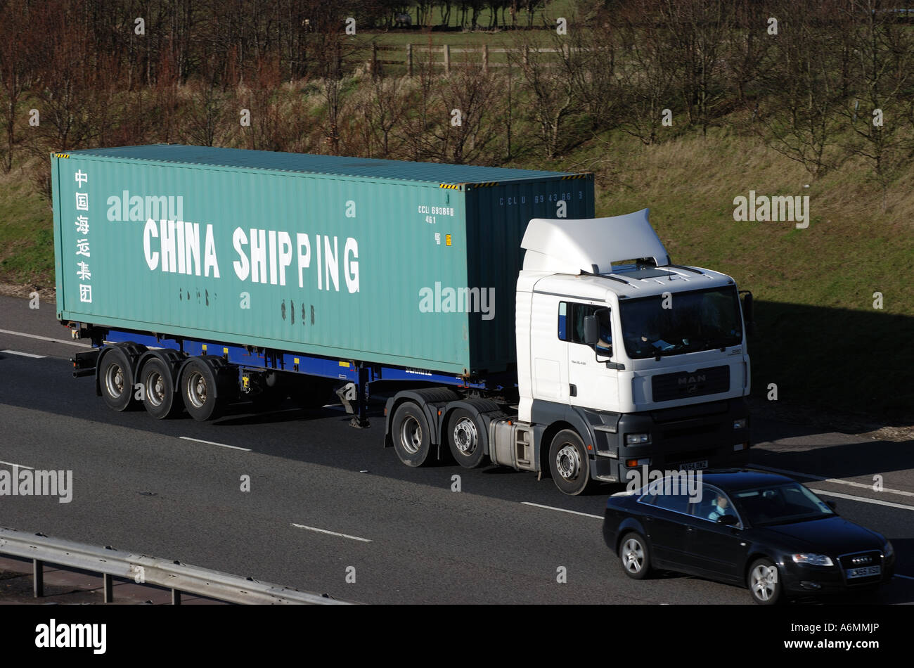 Lorry carrying China Shipping container M40 motorway, Warwickshire
