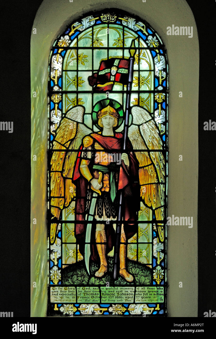 World War One memorial window, Newlands Church. Lake District National Park, Cumbria, England, U.K., Europe. Stock Photo