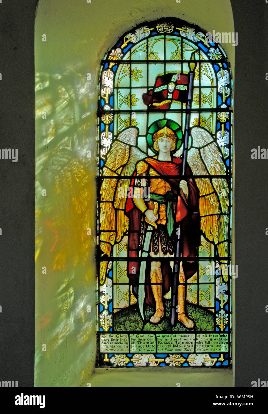 Word War One memorial window, Newlands Church. Lake District National Park, Cumbria, England, U.K., Europe. Stock Photo