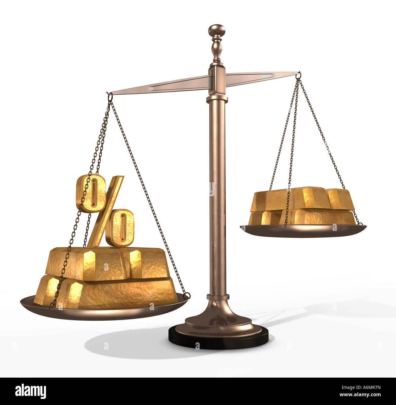 Gold bars on weight scales Stock Photo