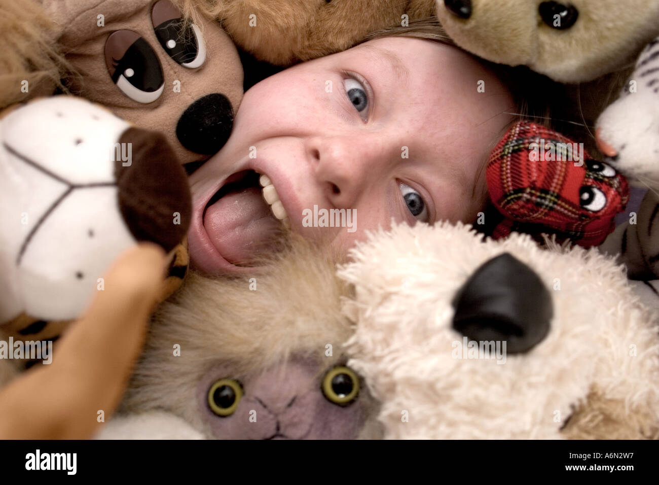 Childs face peers out under a pile of soft cuddly toys Stock Photo - Alamy