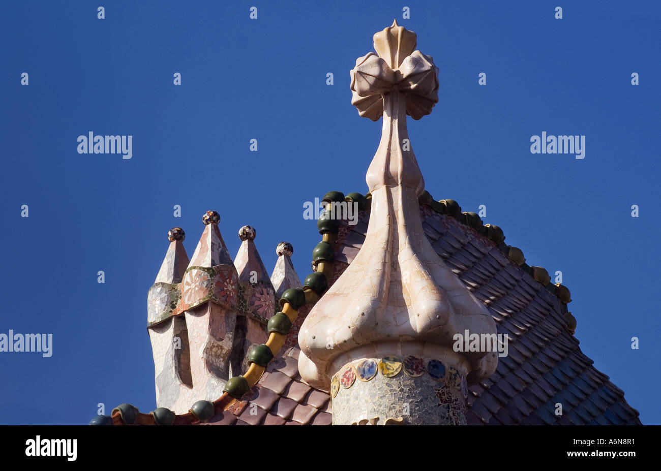 Chimney and roof detail of Casa Batllo BARCELONA Spain Stock Photo