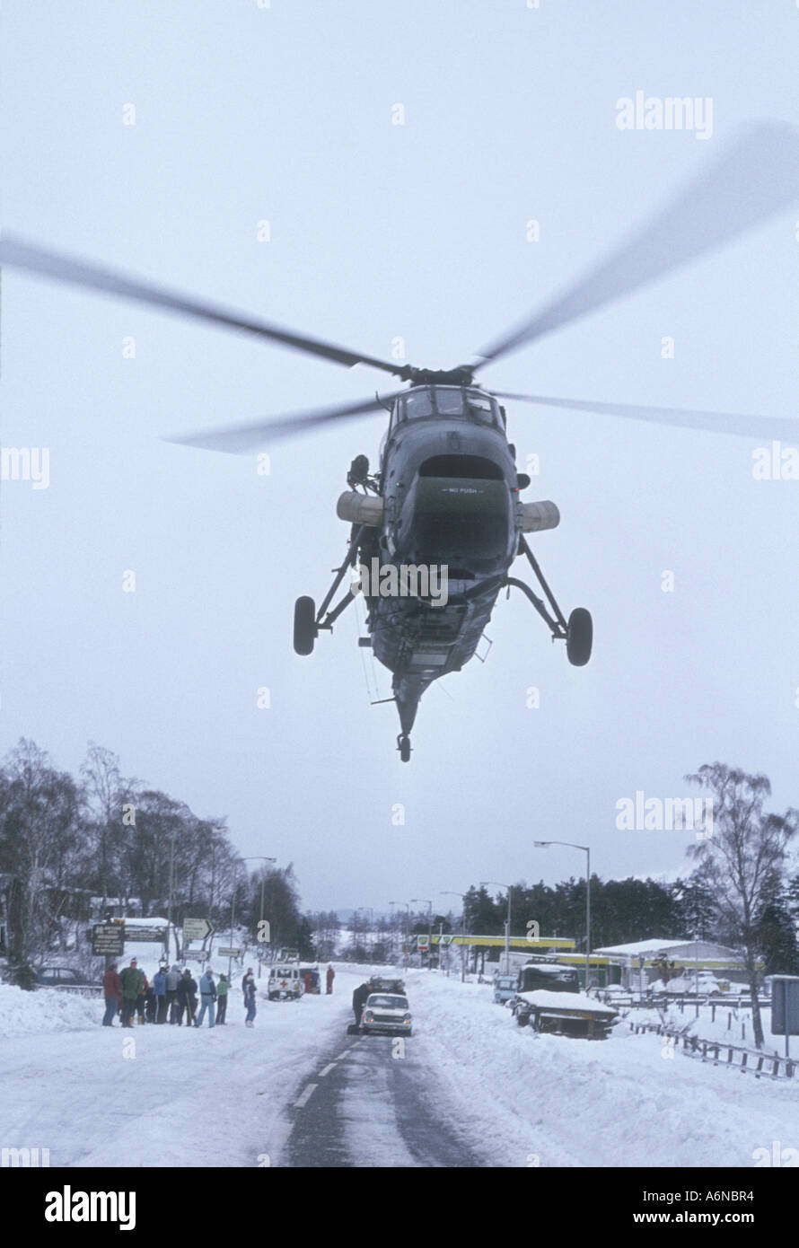 Westland Wessex SAR Helicopter landing on A9 main road in Aviemore