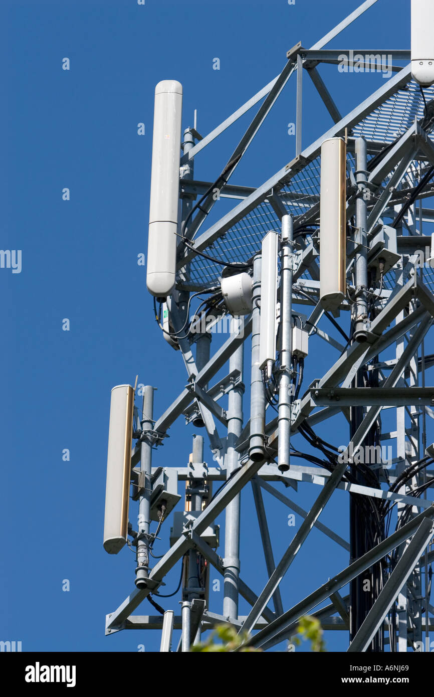Mobile Phone base station sector antenna array close up part of a