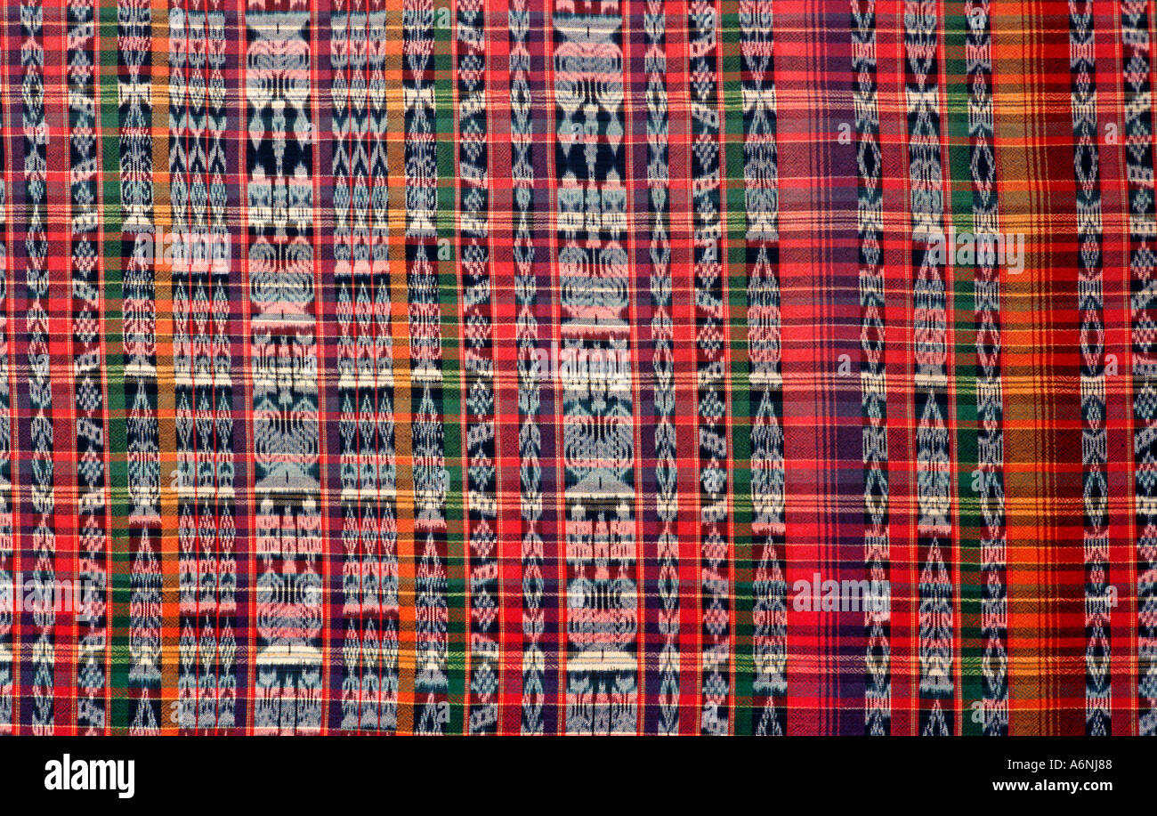 Close up of ikat decorated skirt fabric from Totonicapan Salcaja market nr Quezaltenango Guatemalan highlands Stock Photo