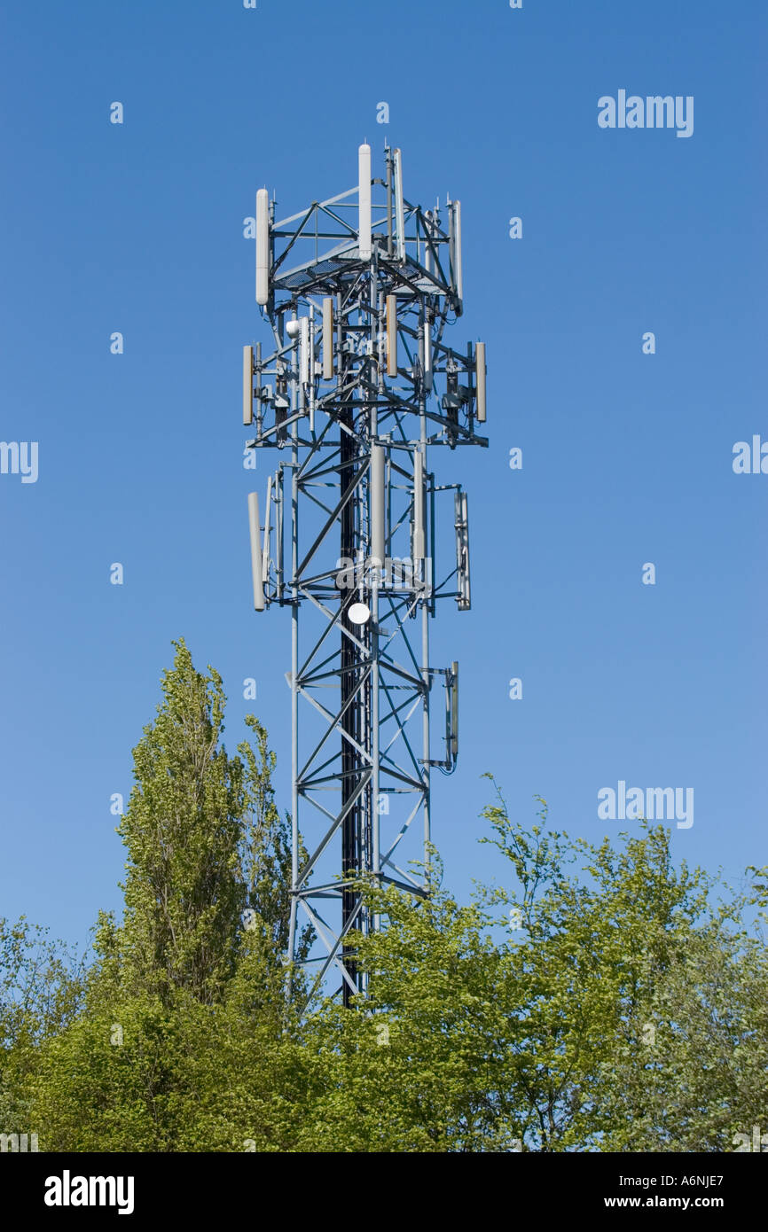 Mobile Phone base station tower antenna array, telecommunications network,  above trees in bury lancashire uk Stock Photo - Alamy