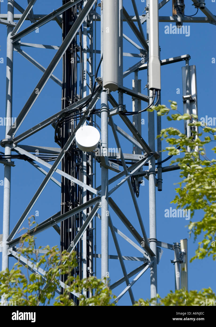 Mobile Phone base station sector antenna array close up part of a