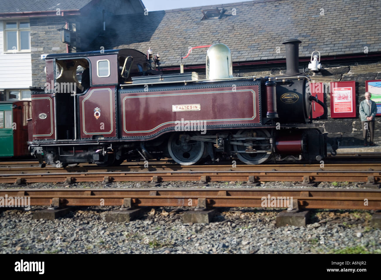 Steam train on the Ffestiniog railway at Porthmadog harbour station