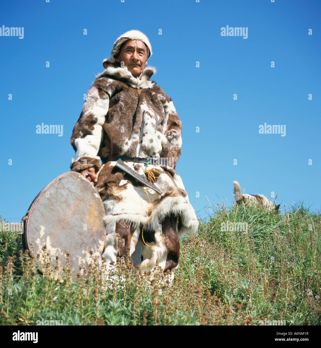 Eskimo in traditional clothing at Yanrakino village population 150