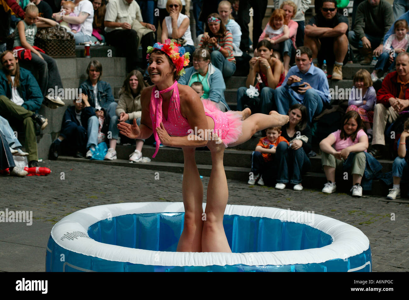 Two female performers at Edinburgh Fringe Festival, performing in a 'paddling pool', Scotland UK, Europe Stock Photo