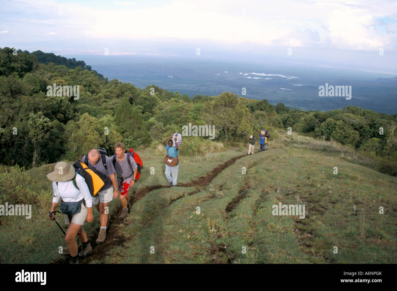 Trekkers beginning trek up Mount Meru Arusha National Park Tanzania East Africa Africa Stock Photo