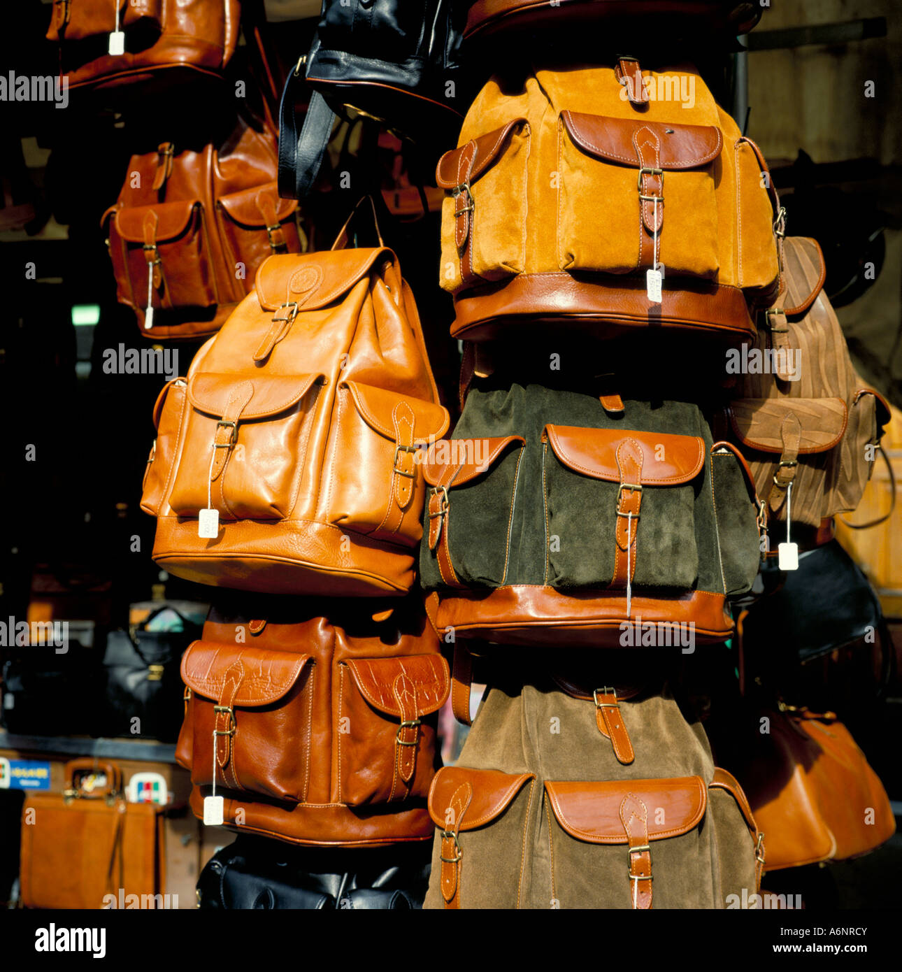Leather bags for sale San Lorenzo Market Florence Tuscany Italy Europe Stock Photo