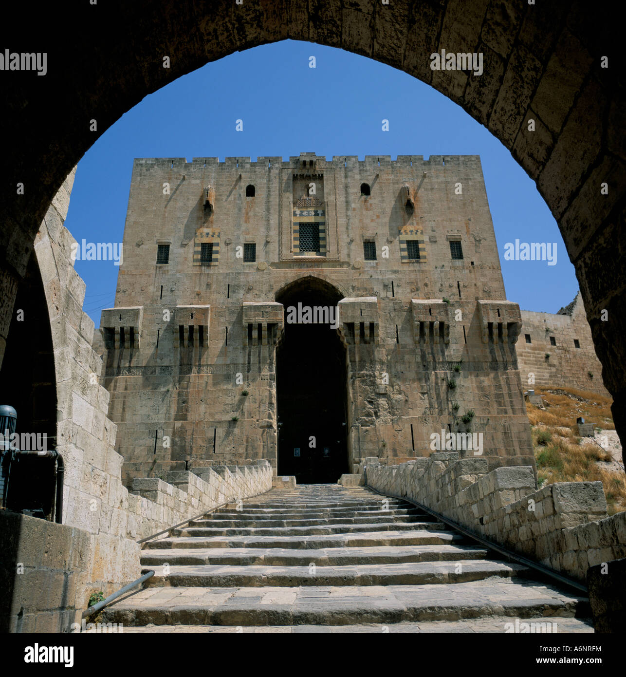 Monumental gateway dating from 1260 AD Arab Citadel Aleppo UNESCO World Heritage Site Syria Middle East Stock Photo