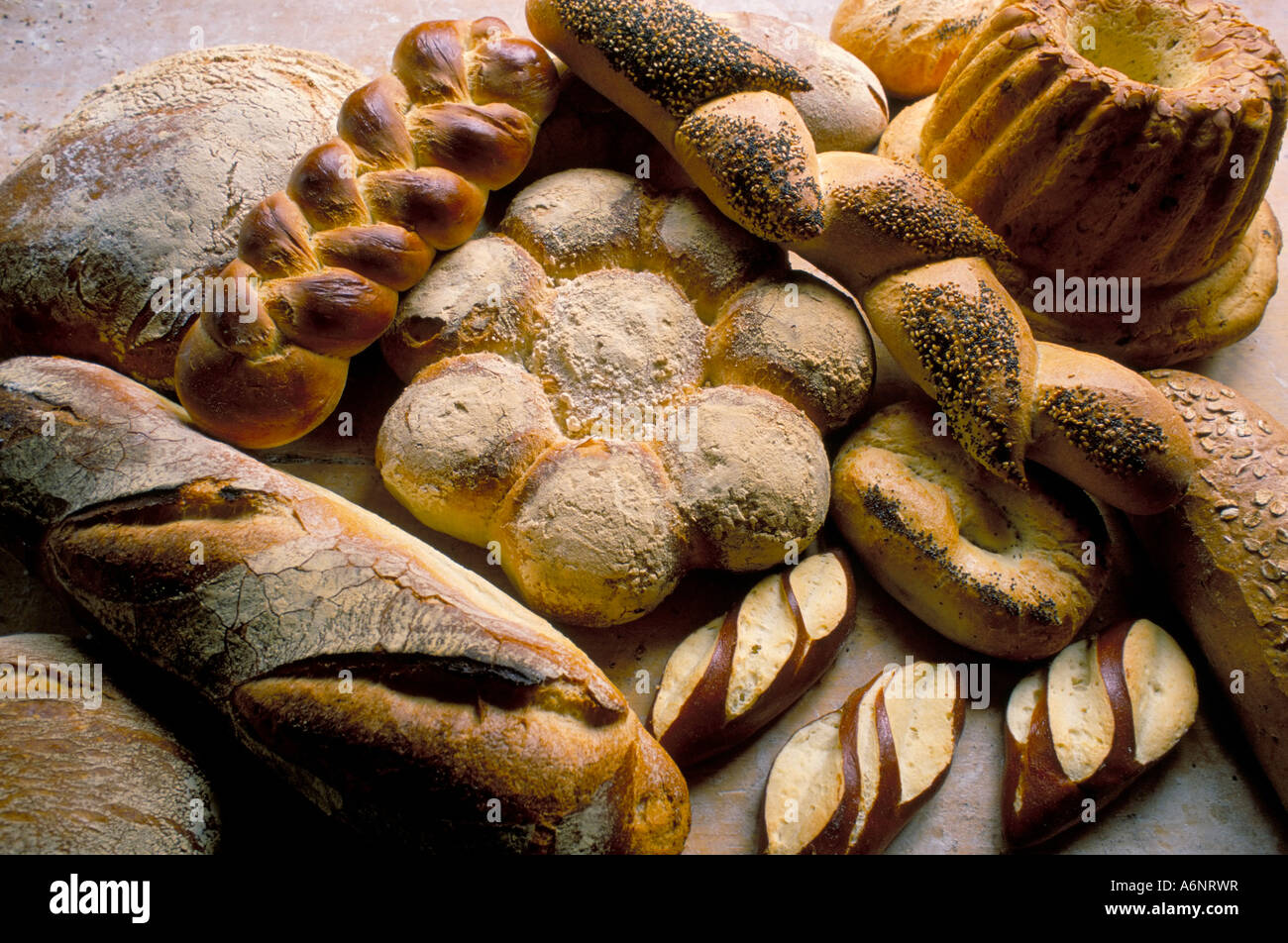 Breads including kugelhopfs pretzels and plaited bread Alsace France Europe Stock Photo
