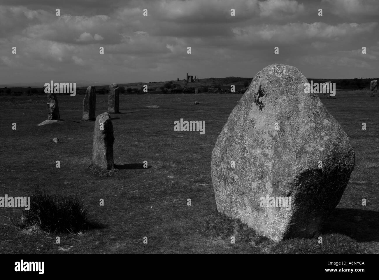 Monochrome picture of the Hurlers standing stones Minions Bodmin Moor Cornwall UK Stock Photo