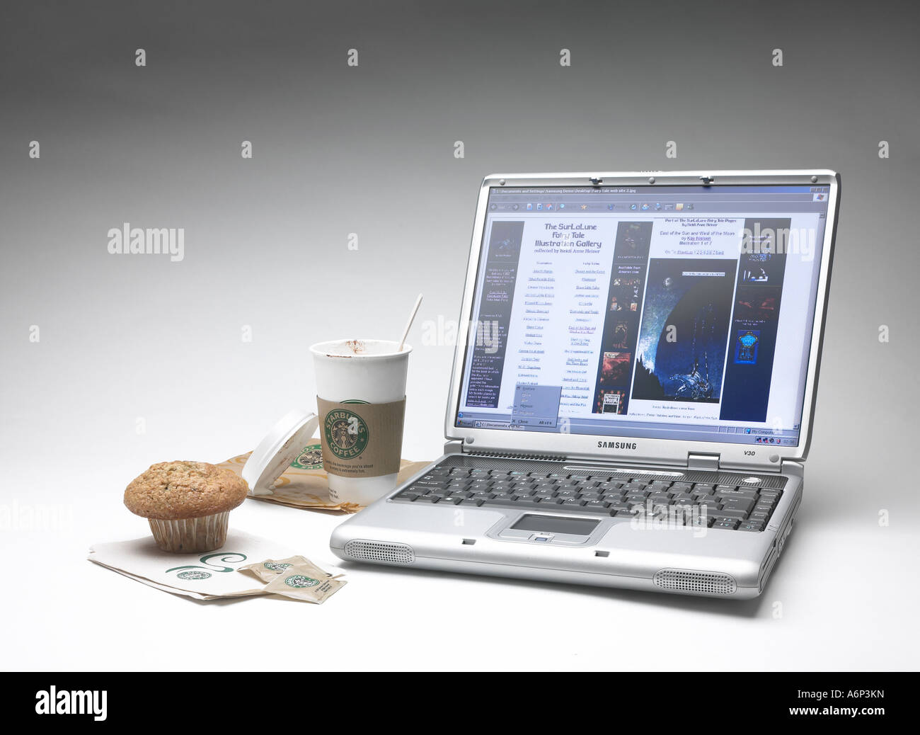 laptop with a coffee and muffin Stock Photo
