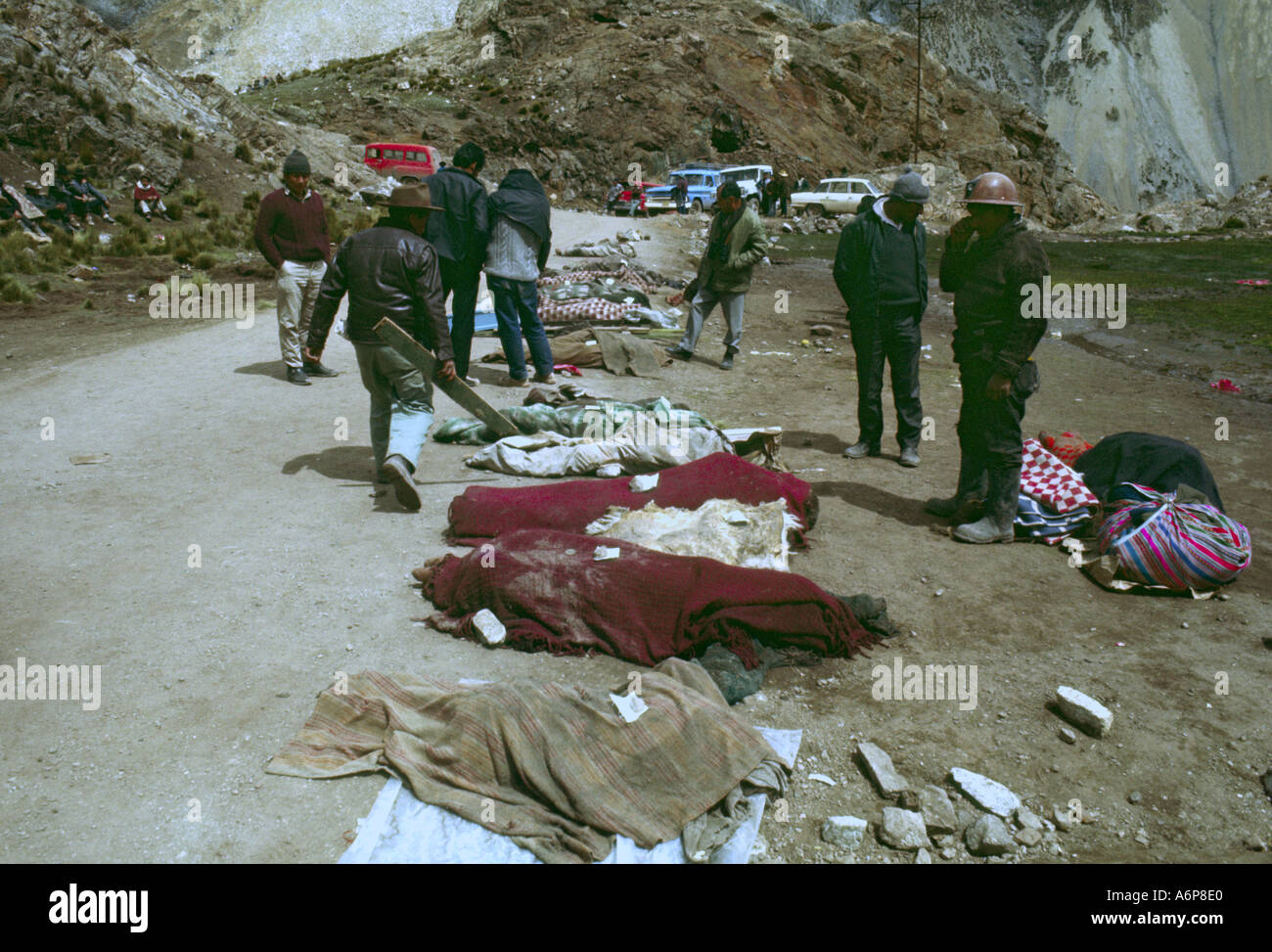 Victims of an avalanche in small andean mining community of  Chungar Central Andes Peru 1970 Stock Photo