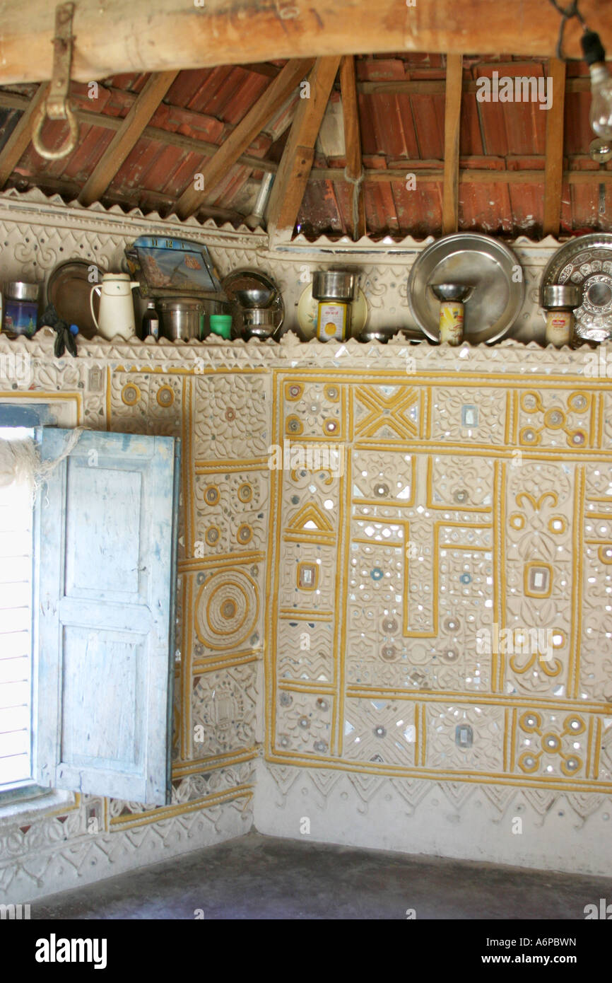 Intricately designed interior of a Banni tribal dwelling  near Bhuj ,Gujarat India Stock Photo
