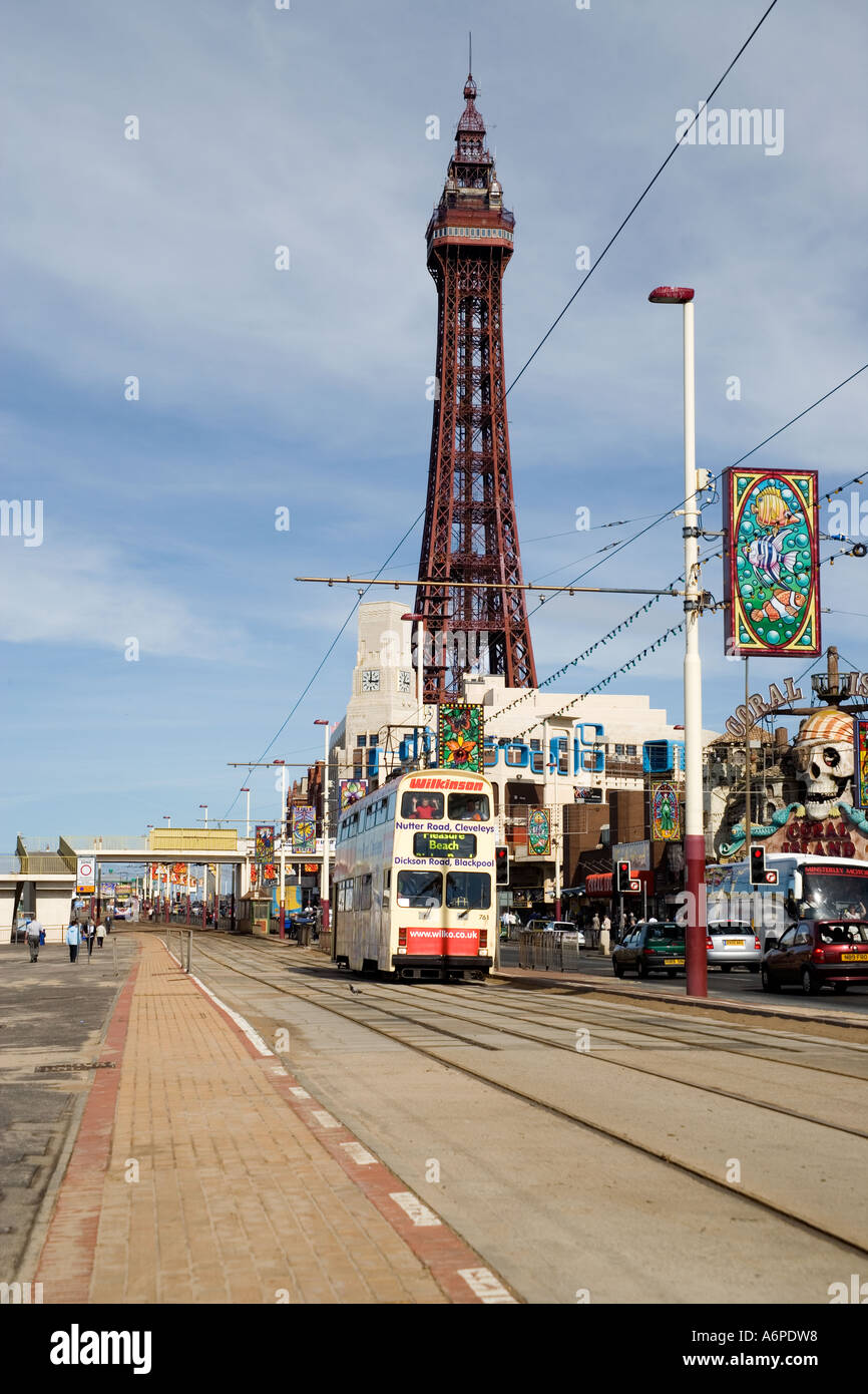 Tram on the promenade with the Tower,Blackpool,England Stock Photo