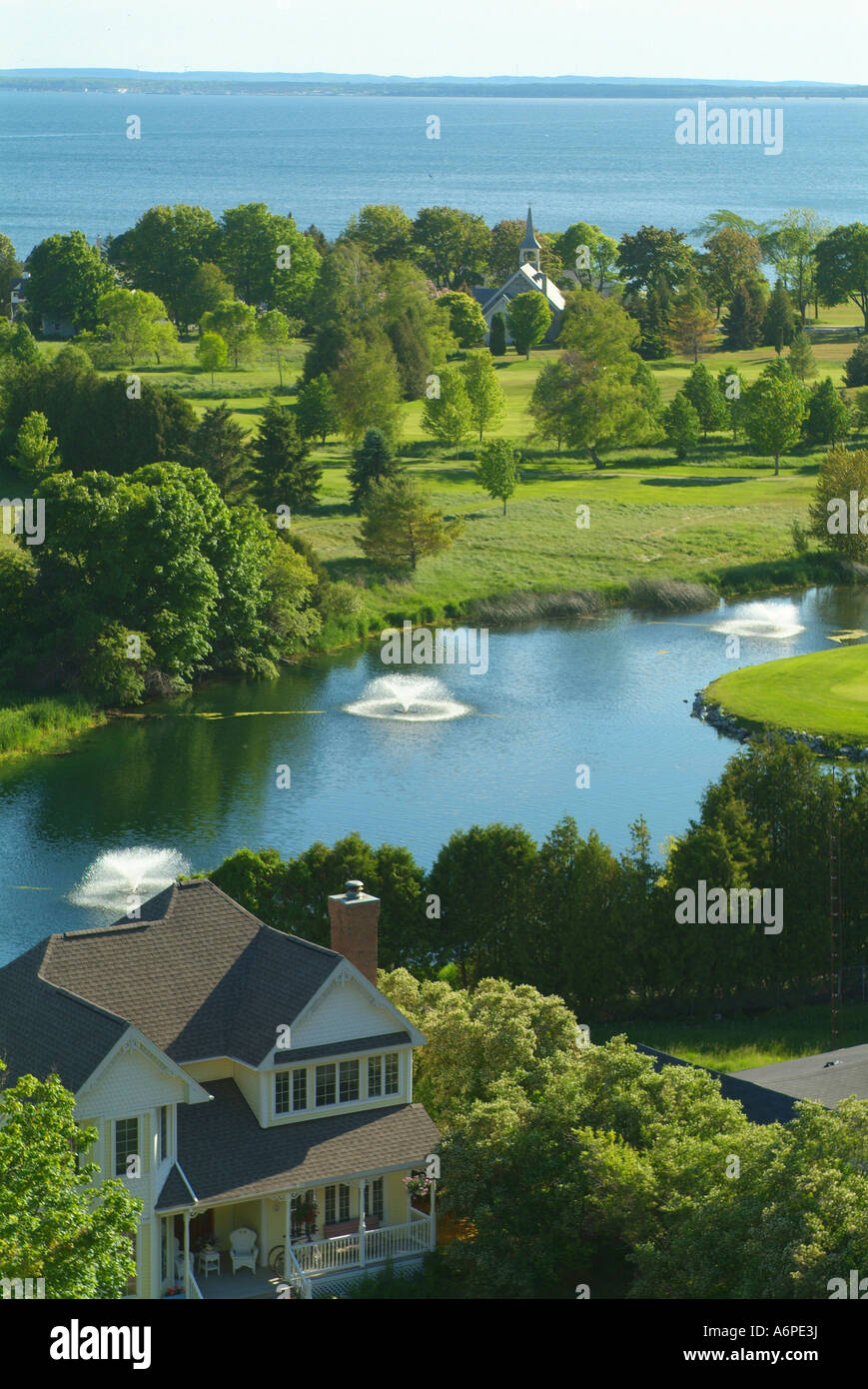 USA Michigan Lake Huron Mackinac Island golf course and homes Stock