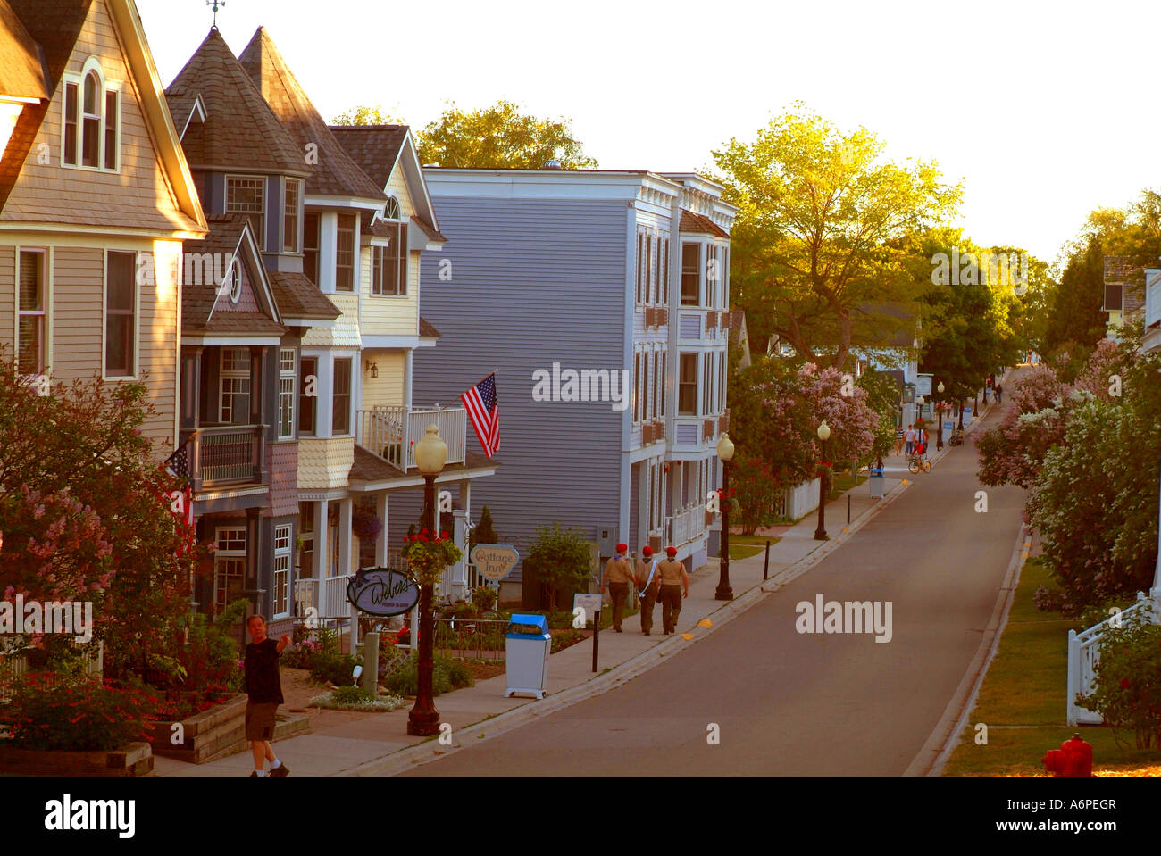 USA Michigan Lake Huron Mackinac Island sunset along Market Street Stock Photo
