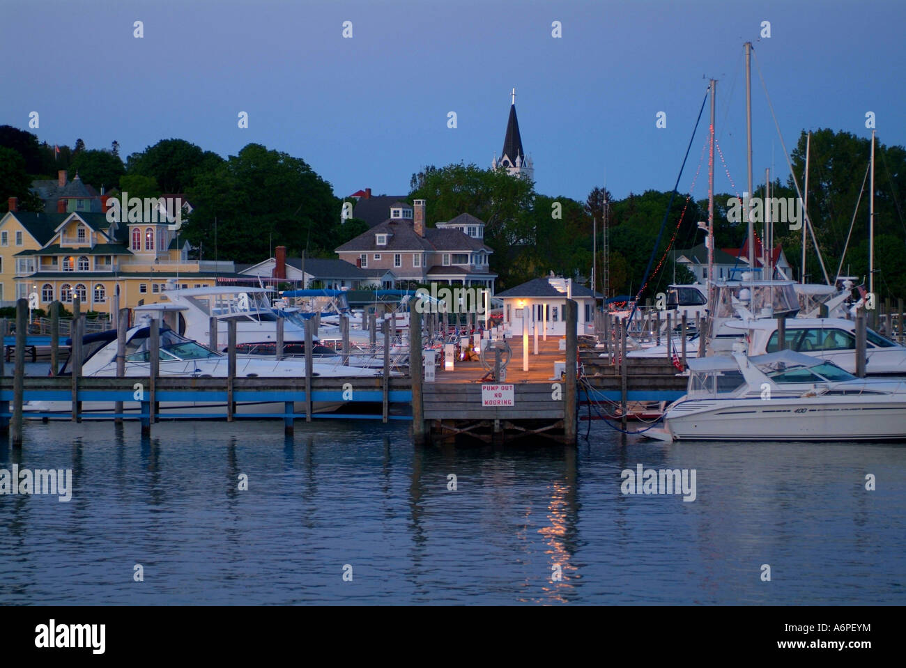 USA Michigan Mackinac Island Lake Huron town dock harbour harbor night Stock Photo