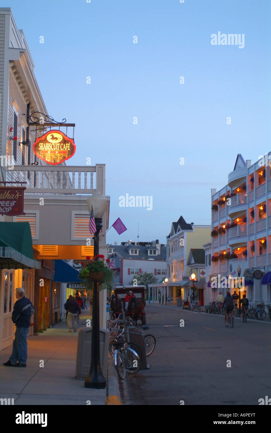 USA Michigan Mackinac Island Lake Huron center of town evening night Stock Photo