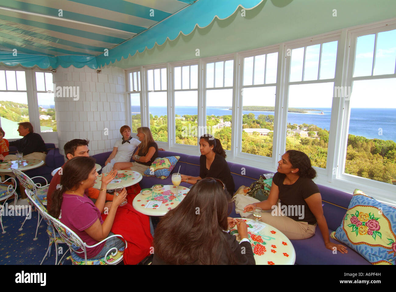 USA Michigan Lake Huron Mackinac Island Grand Hotel people having drinks in the cupola bar Stock