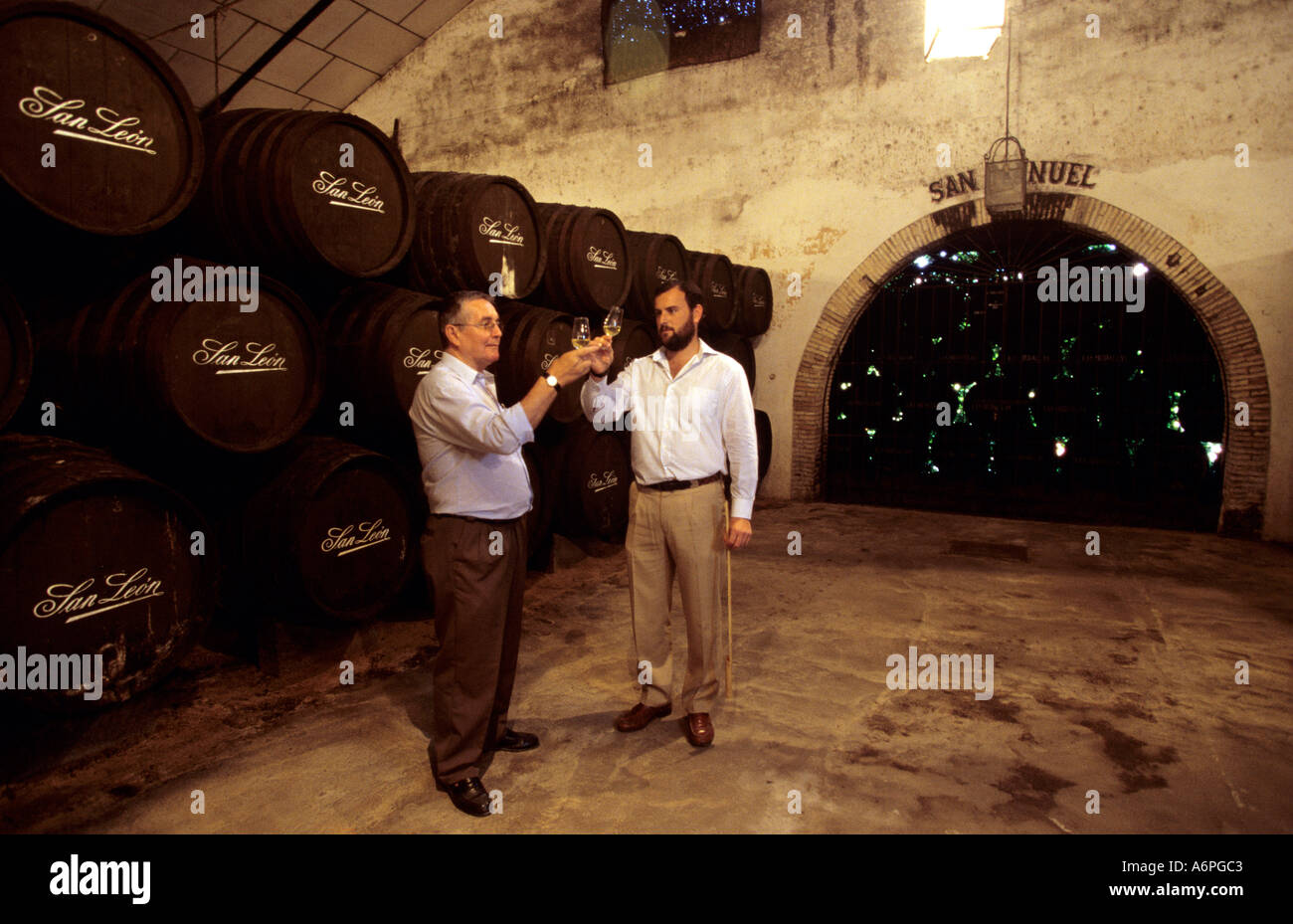 two winemakers in the tasting hall of a winery in Spain Stock Photo