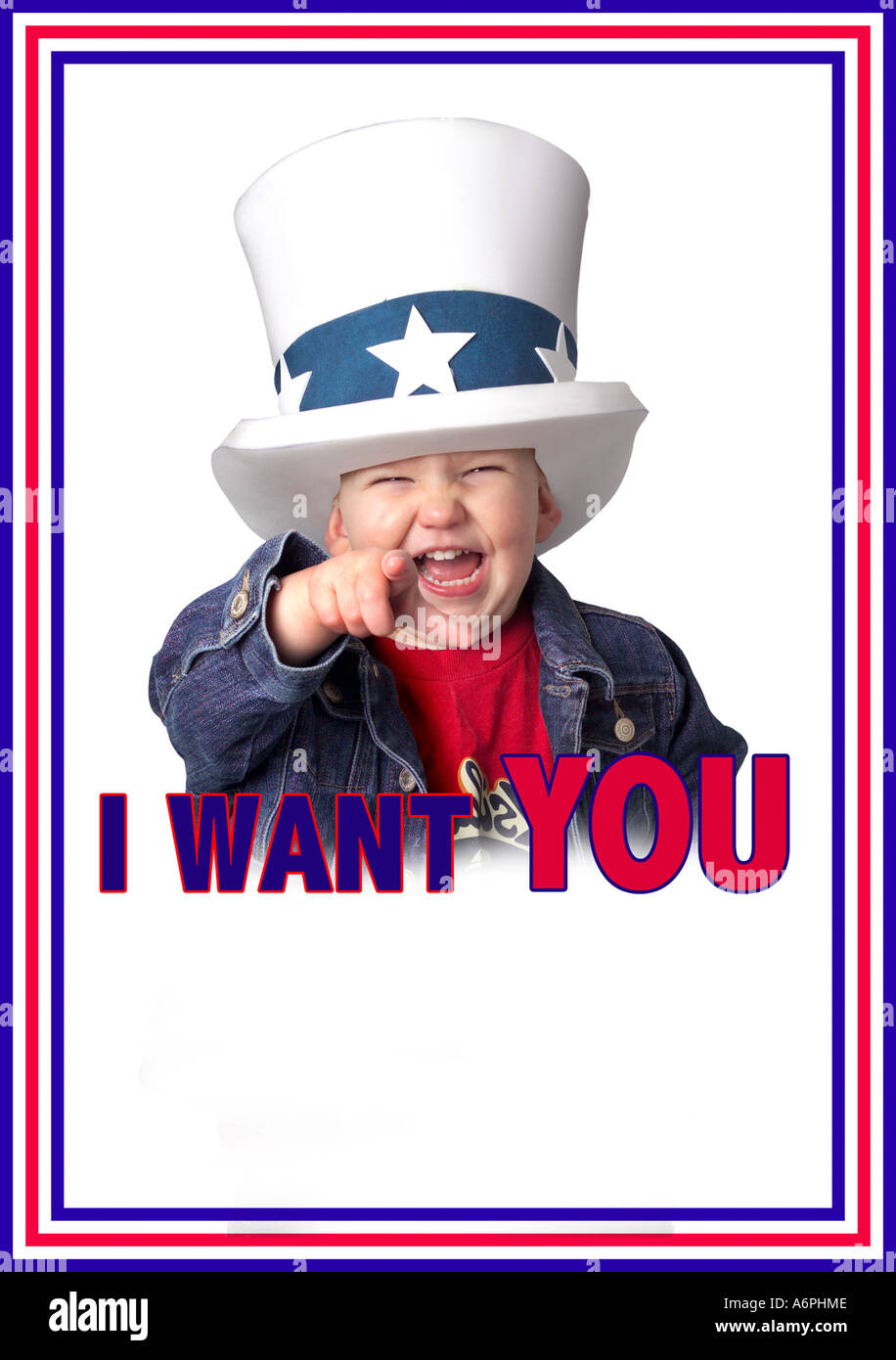 AN 'I WANT YOU' US RECRUITING POSTER WITH A YOUNG BOY REPLACING THE MAN 'UNCLE SAM' Stock Photo