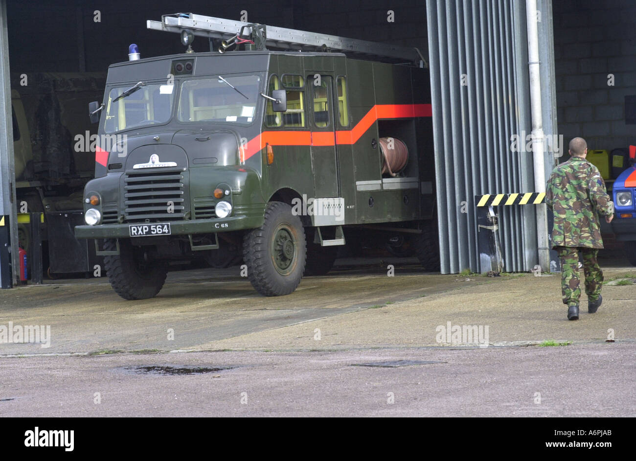 Green goddess fire tender on standby in Luton UK during the fire strike of 2002 Stock Photo