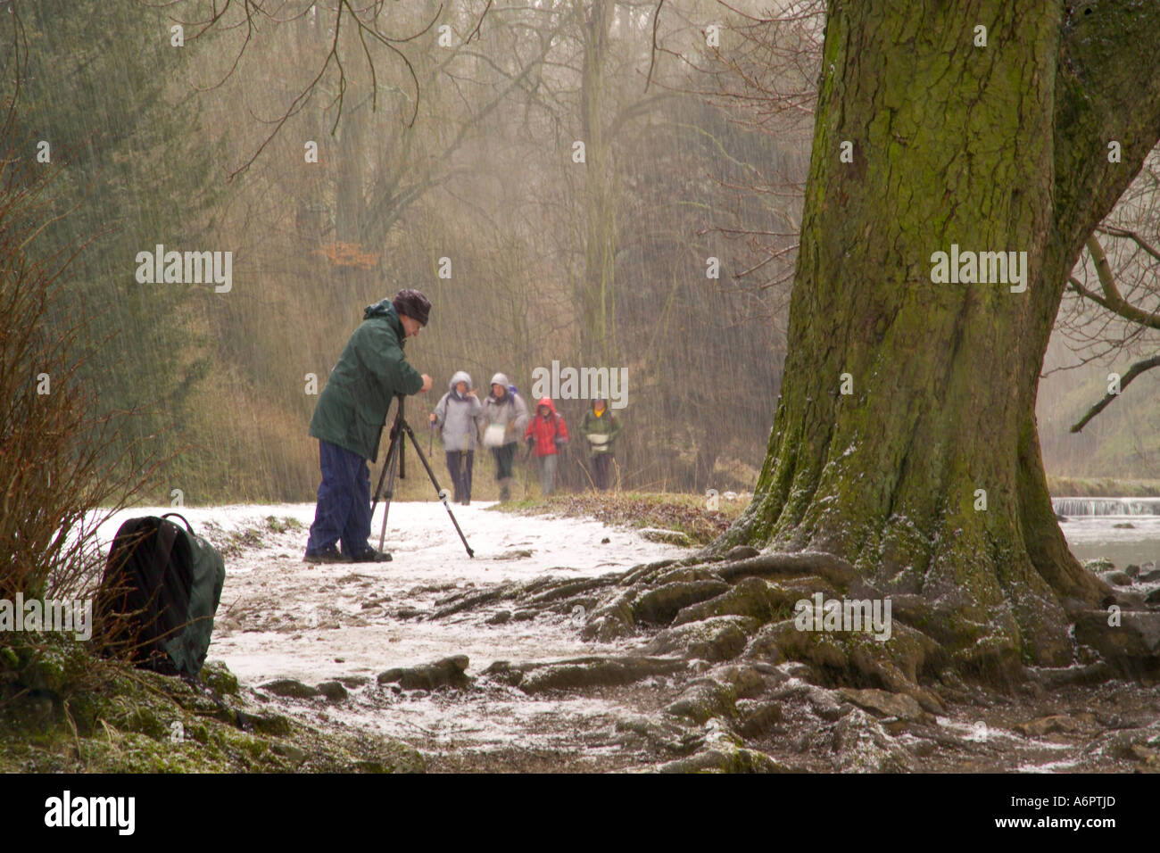 Photographer and ramblers in snow blizzard Stock Photo